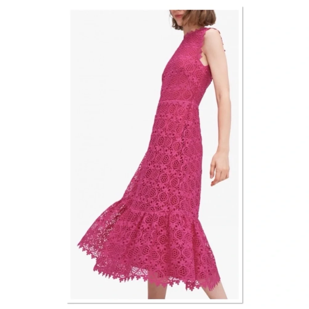 Kate Spade Magenta Scallop Lace Midi Dress Size 2 Lace Cap Sleeves